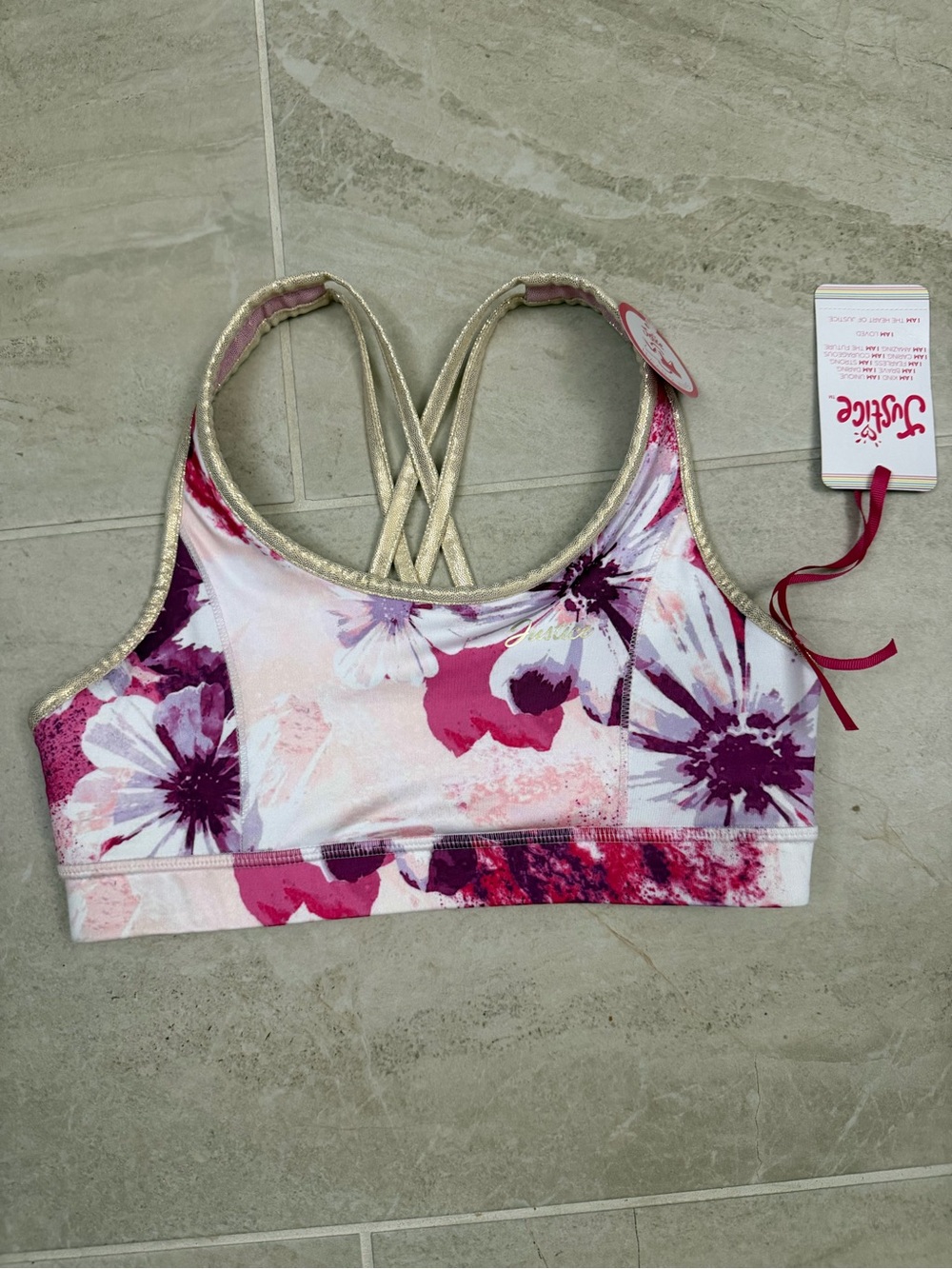Justice Girls Pink Purple Floral Sports Bra with Gold Straps